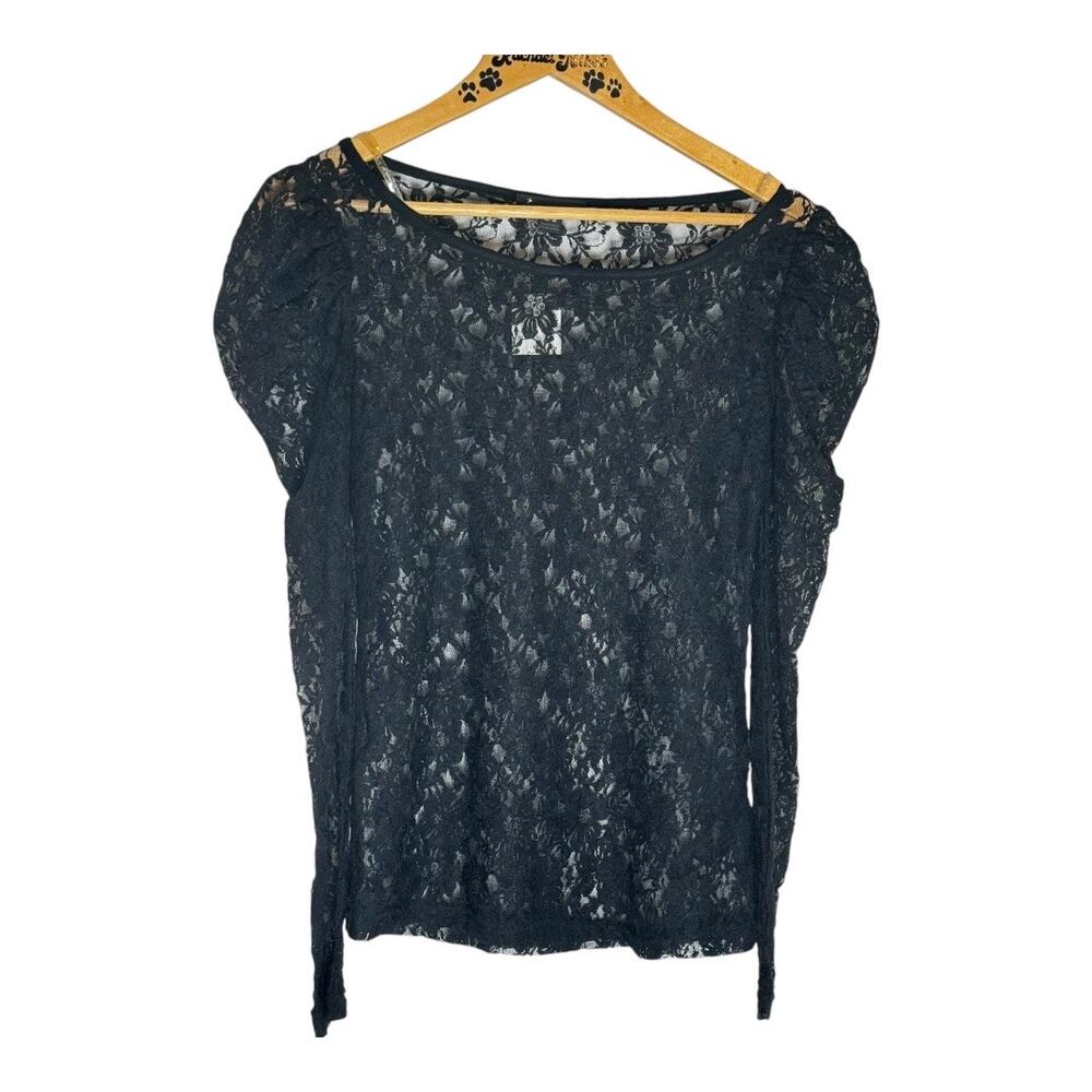 Womens Twenty One Black Lace Sheer Long Sleeve Long Top Tunic Shirt Medium NWT